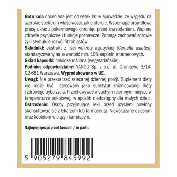 Yango GOTU KOLA 100kaps. Wąkrota Azjatycka PRAWIDŁOWA PRACA MÓZGU SERCA