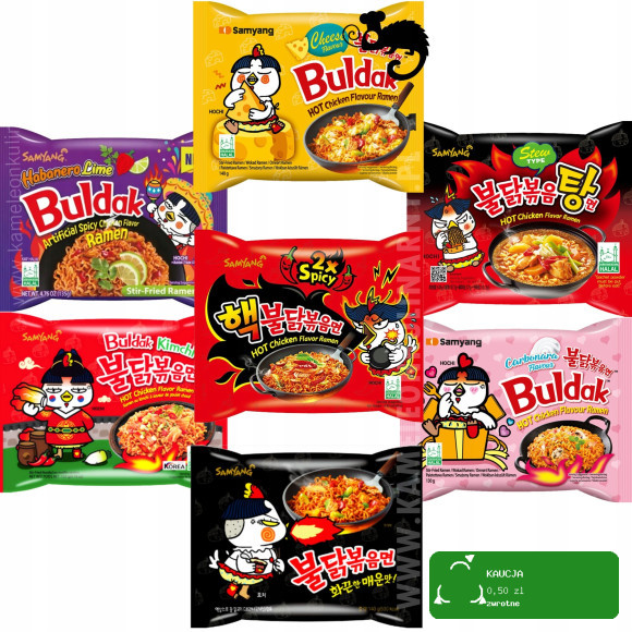 BULDAK DANIE ZUPA MAKARON KOREAŃSKI OSTRY RAMEN HOT KURCZAK zestaw mix 7szt