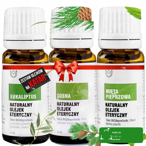NATURALNE OLEJKI ETERYCZNE na katar ZESTAW 3szt EUKALIPTUS SOSNA MIĘTA piep