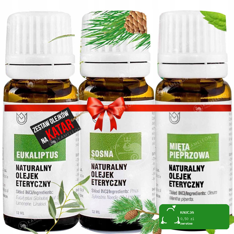 NATURALNE OLEJKI ETERYCZNE na katar ZESTAW 3szt EUKALIPTUS SOSNA MIĘTA piep