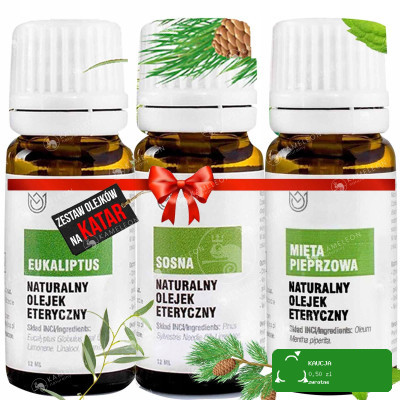 NATURALNE OLEJKI ETERYCZNE na katar ZESTAW 3szt EUKALIPTUS SOSNA MIĘTA piep