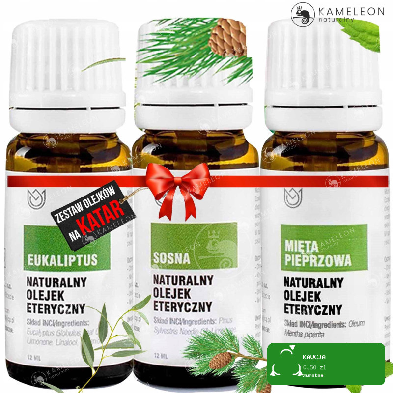 NATURALNE OLEJKI ETERYCZNE na katar ZESTAW 3szt EUKALIPTUS SOSNA MIĘTA piep