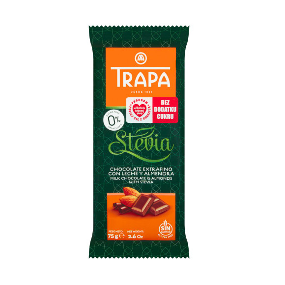 Trapa CZEKOLADA MLECZNA Z MIGDAŁAMI MIGDAŁY ZE STEWIĄ BEZ CUKRU TRAPA 75g