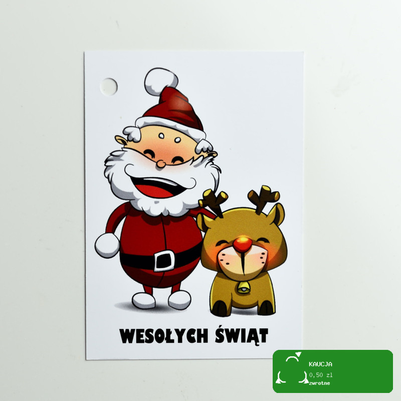 BILECIK DO PREZENTU Karnet Kartka Święta WESOŁY MIKOŁAJ RENIFER 7x10cm x1