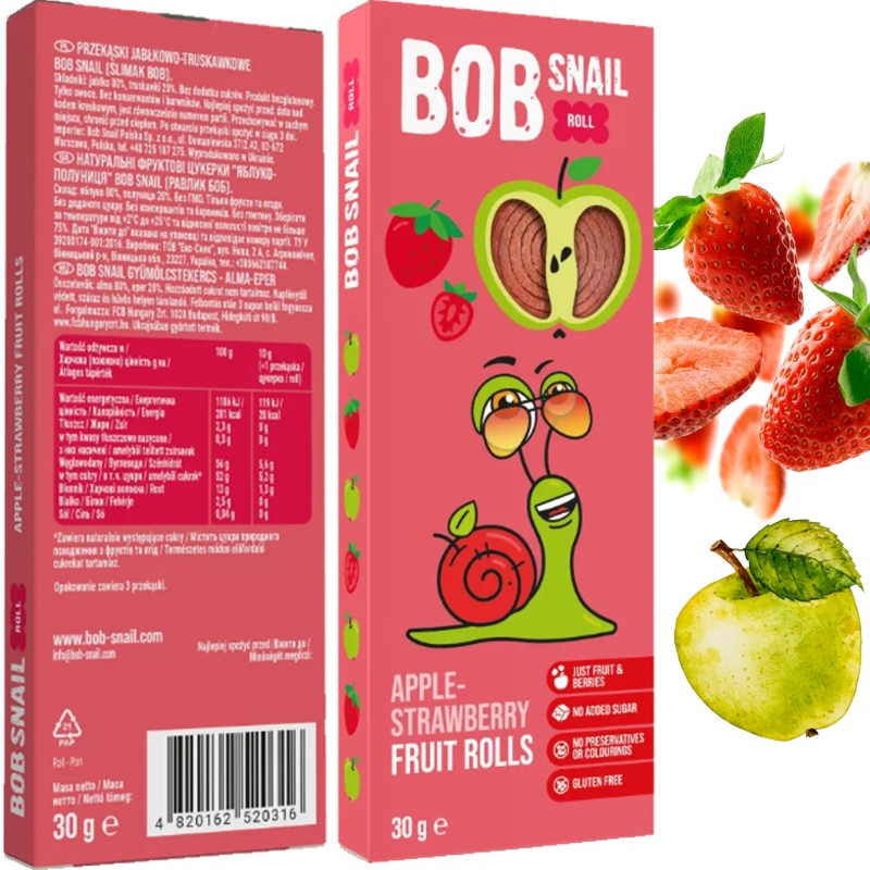 BOB SNAIL ROLLS  przekąska  bez cukru JABŁKO TRUSKAWKA 30g