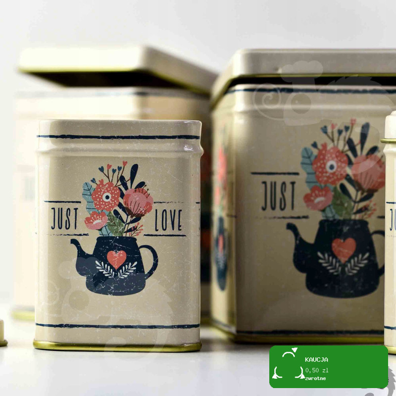 PUSZKA METALOWA na herbatę przyprawy sypkie NADRUK JUST LOVE urocza 25g