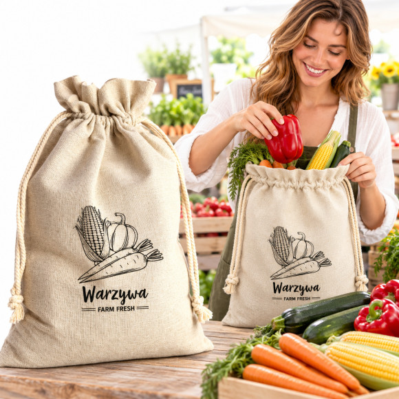 WOREK TEKSTYLNY TKANINOWY bawełna A LA LNIANY DUŻY 30x40 WARZYWA nadruk EKO