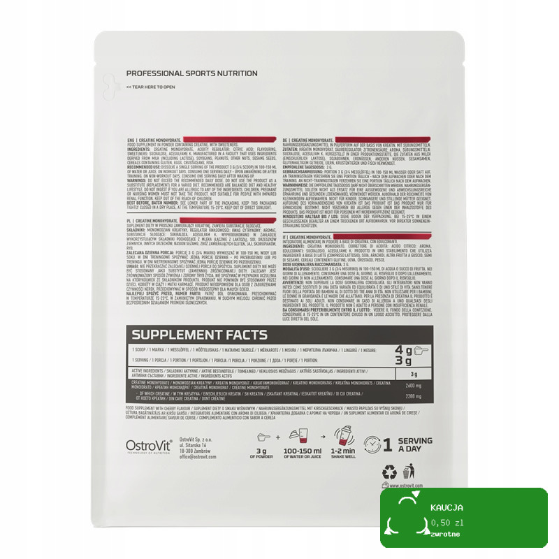 OstroVit MONOHYDRAT KREATYNY KREATYNA 300g 0,3KG - smak WIŚNIOWY