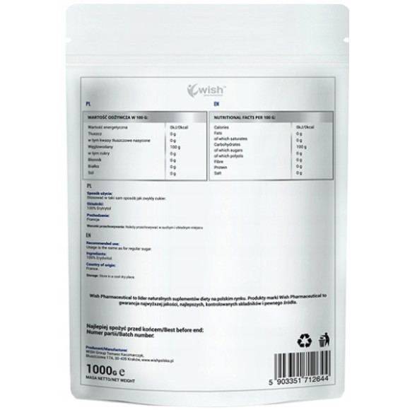 Wish ERYTRYTOL 100% NISKOKALORYCZNY CUKIER W PROSZKU naturalny 1000g 1KG