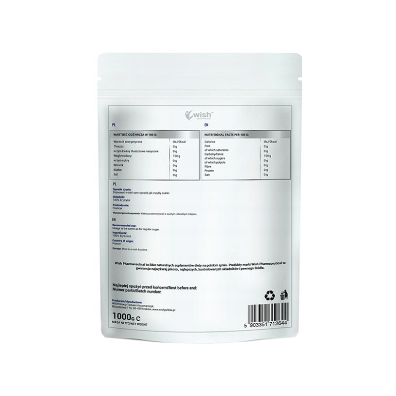 Wish ERYTRYTOL 100% NISKOKALORYCZNY CUKIER W PROSZKU naturalny 1000g 1KG