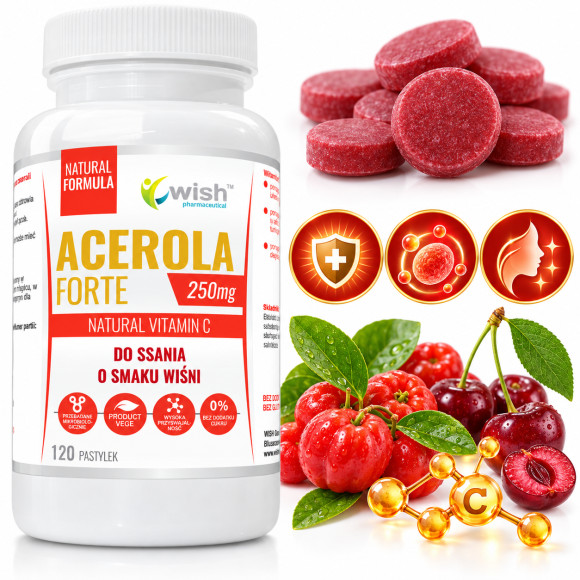 Wish ACEROLA FORTE 250mg 120past DO SSANIA SMAK WIŚNI naturalna WITAMINA C