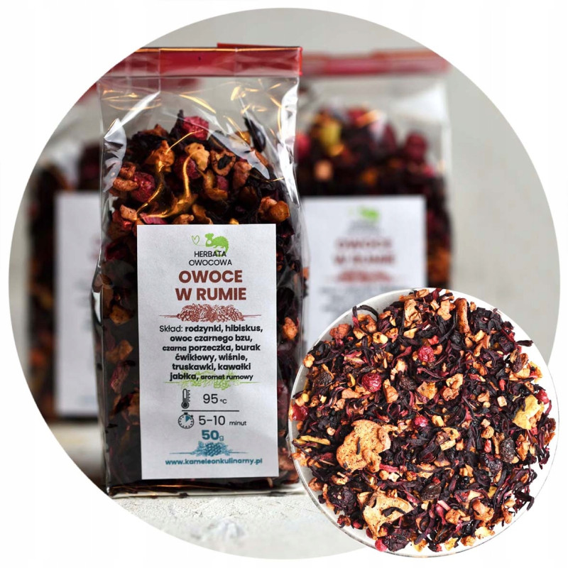 KAMELEON HERBATA OWOCOWA OWOCE W RUMIE rodzynki hibiskus wiśnie truskaw 1KG