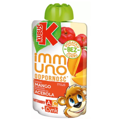 KUBUŚ IMMUNO mus owocowy ODPORNOŚĆ MANGO ACEROLA JABŁKO MARCHEW POMARAŃCZA