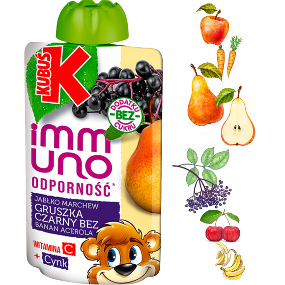 KUBUŚ IMMUNO mus owocowy ODPORNOŚĆ GRUSZKA CZARNY BEZ JABŁKO MARCHEW BANAN