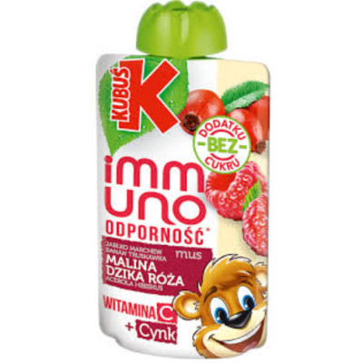 KUBUŚ IMMUNO mus owocowy ODPORNOŚĆ MALINA DZIKA RÓŻA JABŁKO BANAN TRUSKAWKA