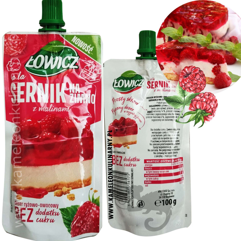 ŁOWICZ - MUS - SERNIK NA ZIMNO Z MALINAMI 100g KRÓTKA DATA