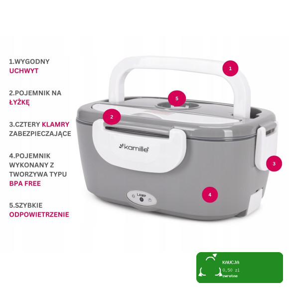 ELEKTRYCZNY LUNCH BOX TERMOS 220V gniazdko DUŻY 1500ml 1,5L KAMILLE