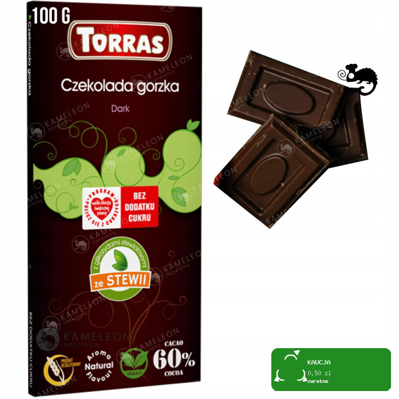 CZEKOLADA GORZKA ze stewią BEZ CUKRU GLUTENU 100g dla Diabetyków TORRAS