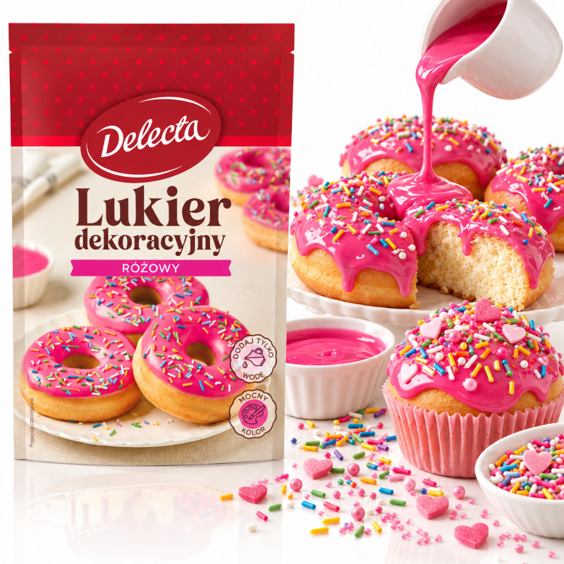 Delecta LUKIER DEKORACYJNY RÓŻOWY do wypieków ciast deserów 80g