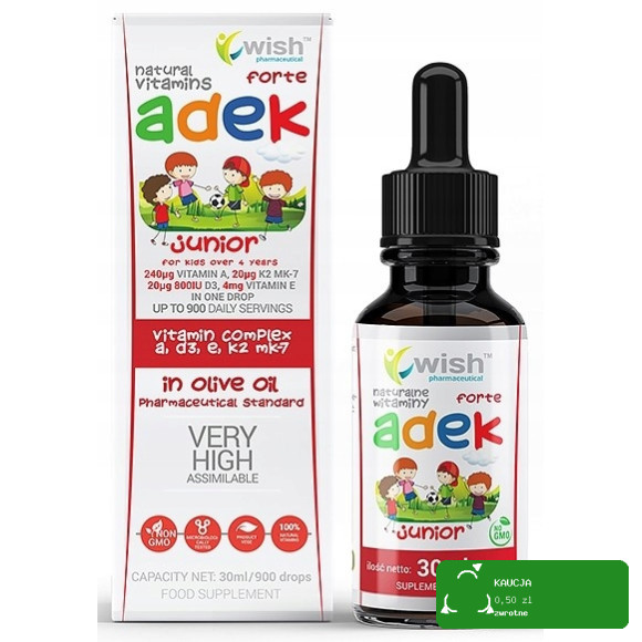Wish WITAMINA ADEK A D3 E K2 MK7 JUNIOR FORTE w kroplach DLA DZIECI 30ml