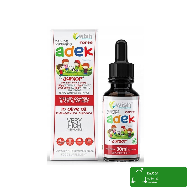 Wish WITAMINA ADEK A D3 E K2 MK7 JUNIOR FORTE w kroplach DLA DZIECI 30ml
