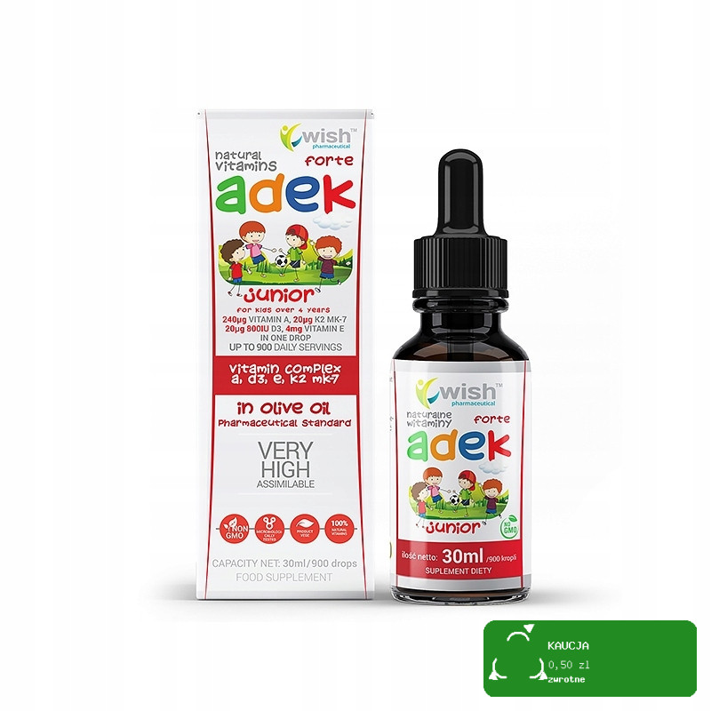 Wish WITAMINA ADEK A D3 E K2 MK7 JUNIOR FORTE w kroplach DLA DZIECI 30ml