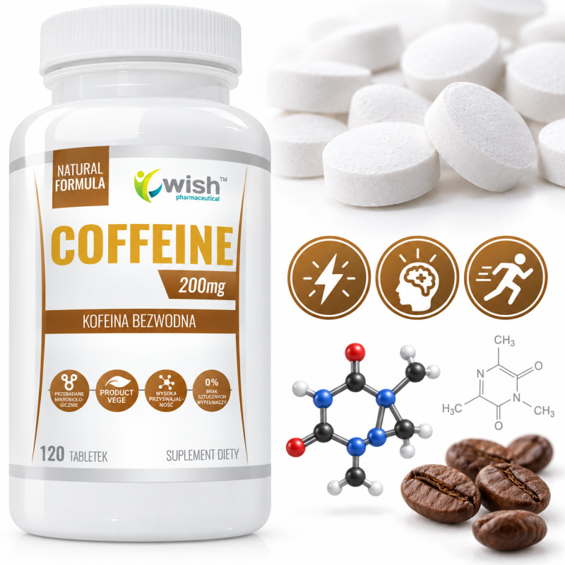 Wish COFFEINE KOFEINA BEZWODNA 200mg 120tabl wsparcie KONCENTRACJA NASTRÓJ