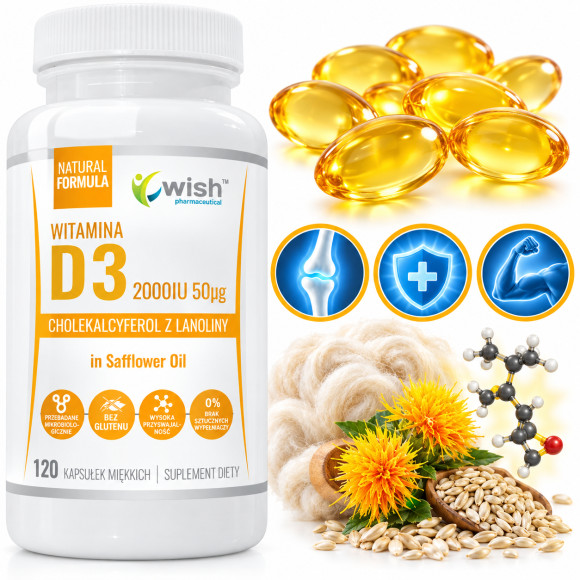 Wish WITAMINA D3 2000IU 50µg w oleju z krokosza 120 kapsułek