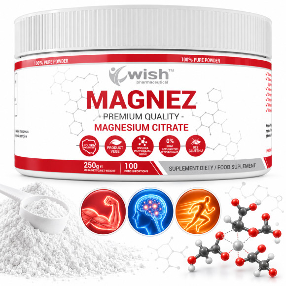 Wish MAGNEZ W PROSZKU Cytrynian magnezu 250g 2,5g x 100porcji 100% RSW