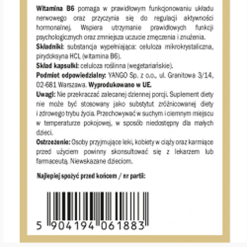 Yango WITAMINA B6 PIRYDOKSYNA 90k na UKŁAD NERWOWY