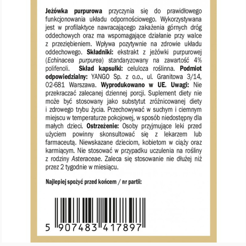 Yango JEŻÓWKA PURPUROWA ECHINACEA wsparcie: ODPORNOŚĆ U. ODDECHOWY 60kaps