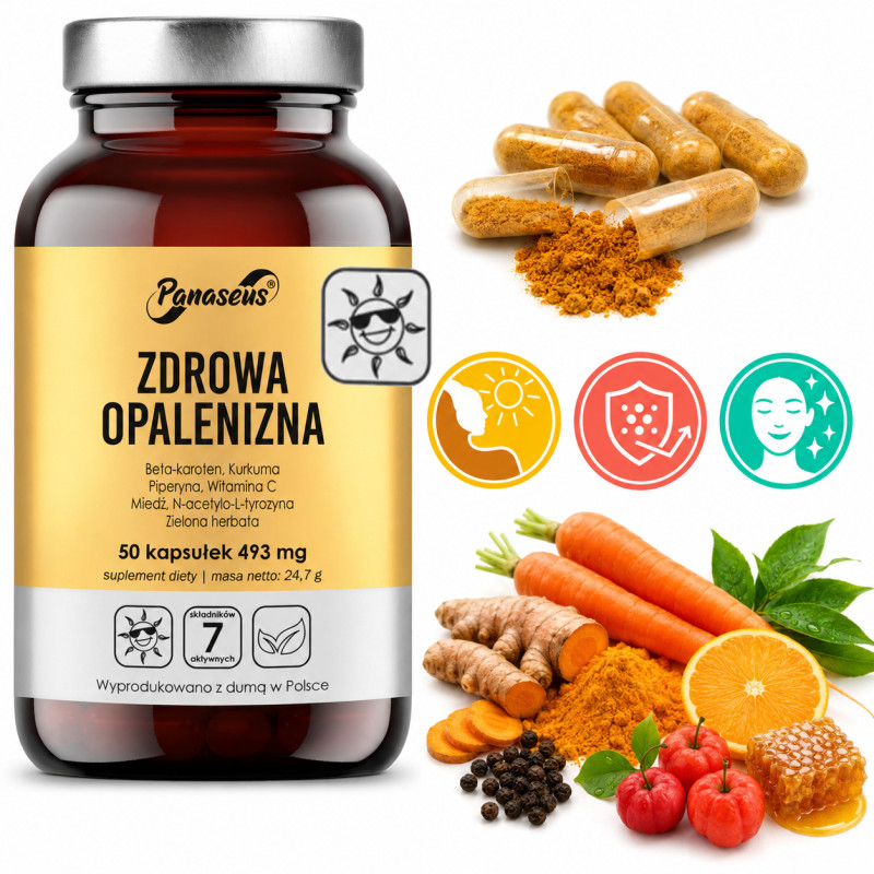 YANGO Panaseus ZDROWA OPALENIZNA 50kap Beta-Karoten Kurkuma Piperyna Wit. C