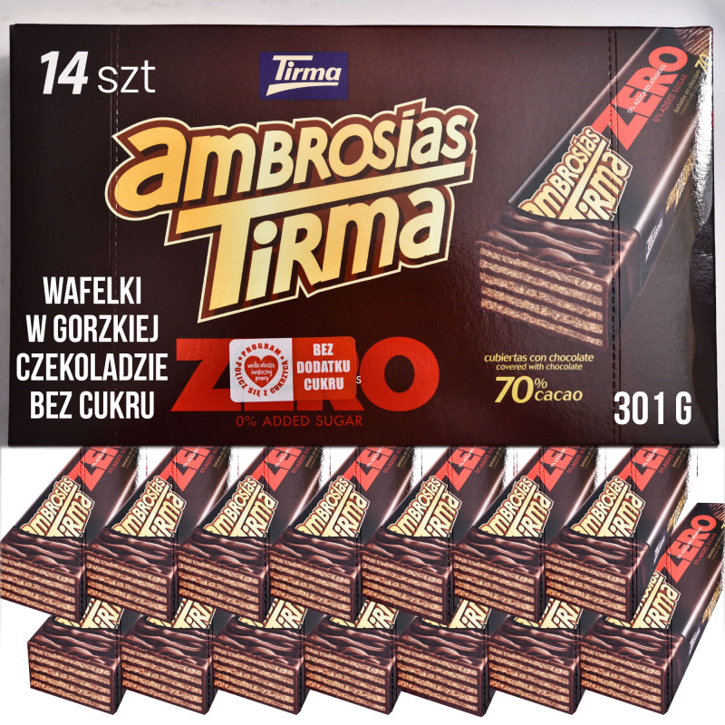 WAFELKI W CZEKOLADZIE GORZKIEJ 70% BEZ CUKRU TIRMA 14szt x 21g