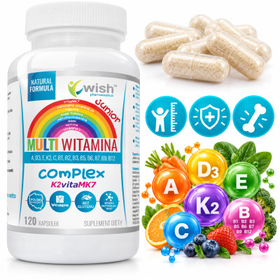 Wish MULTIWITAMINA COMPLEX JUNIOR dla dzieci D3 K2 C E A z grupy B 120kaps