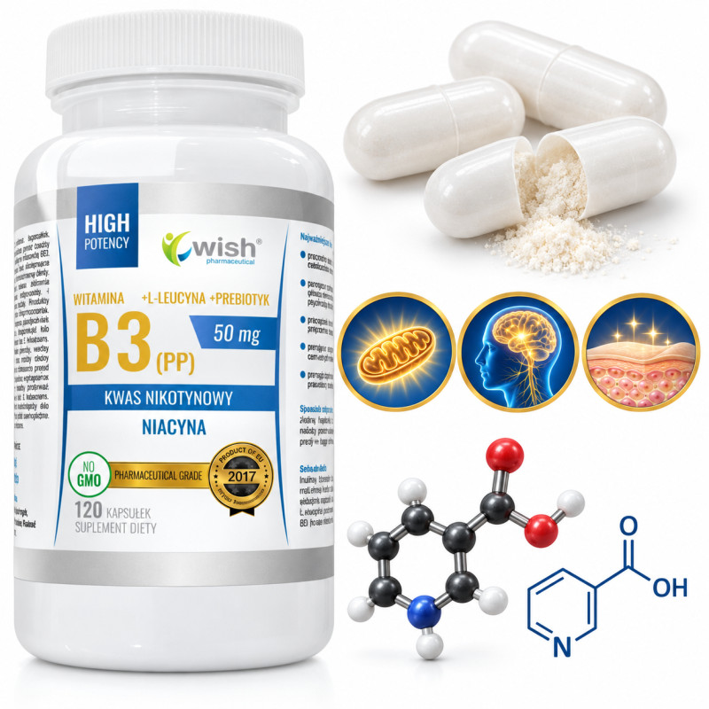 Wish WITAMINA B3 50mg 120kap. PP NIACYNA KWAS NIKOTYN. NERWOWY