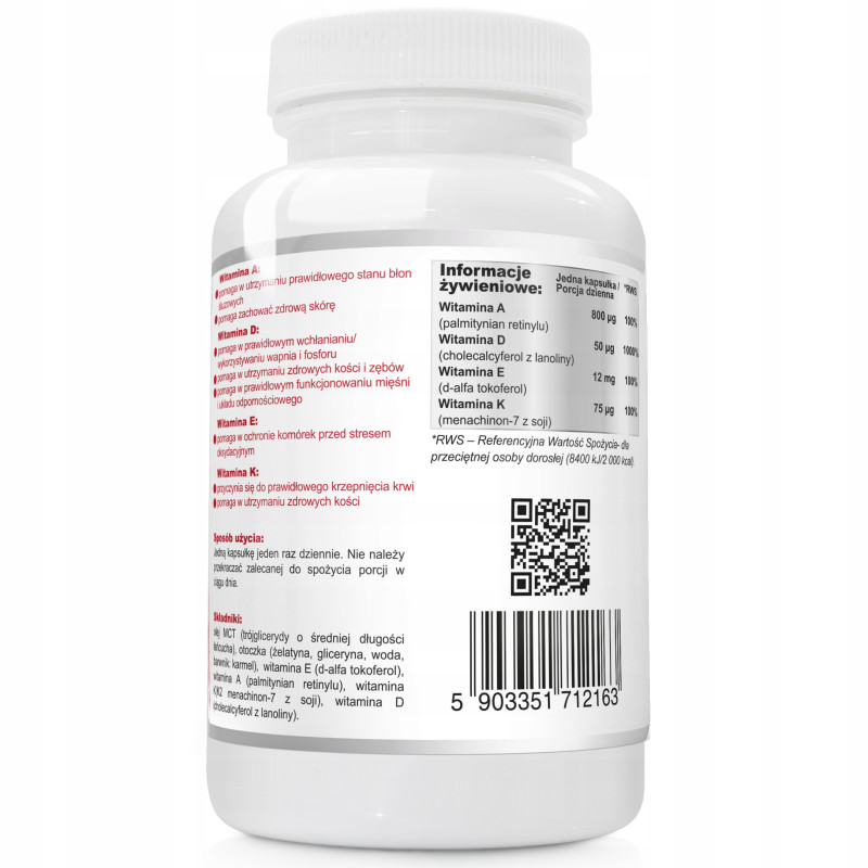 Wish ADEK forte KOMPLEKS WITAMIN 100% naturalne A D3 E K2 MCT oil 120kaps