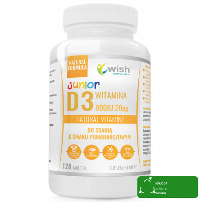 Wish WITAMINA D3 800IU 20µg DLA DZIECI do ssania o smaku POMARAŃCZOWYM 120t