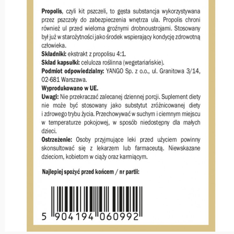 Yango PROPOLIS Ekstrakt 4:1 NATURALNY ANTYBIOTYK wsparcie: INFEKCJE 90kaps
