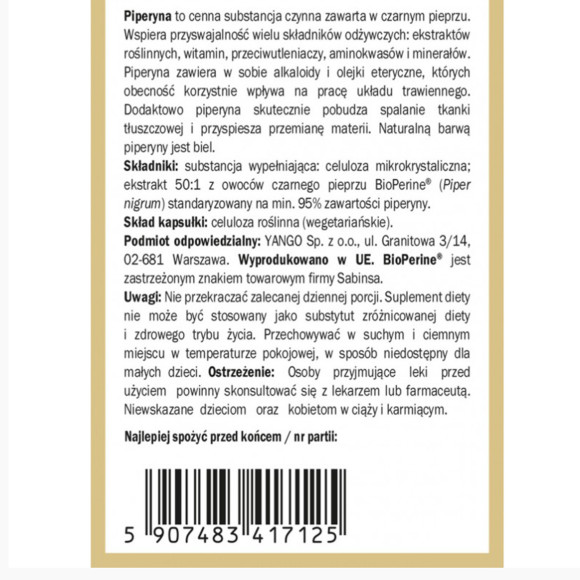 Yango PIPERYNA 95 CZARNY PIEPRZ ekstrakt wsparcie: TRAWIENIE OCZYSZCZANIE