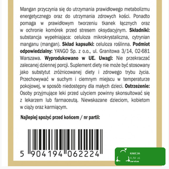 Yango MANGAN FORMA ORGANICZNA wsparcie: ZDROWE KOŚCI OSTEOPOROZA 90kaps