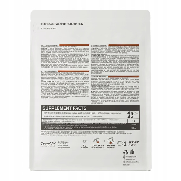 OstroVit MONOHYDRAT KREATYNY KREANTYNA 300g 0,3KG - smak COLA COLI KOLI