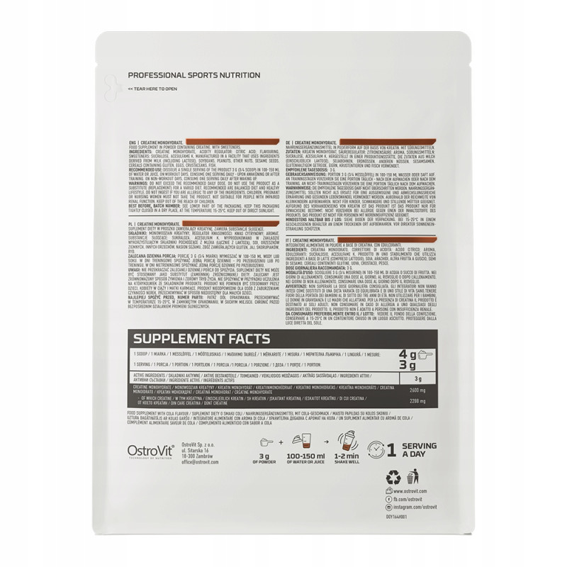 OstroVit MONOHYDRAT KREATYNY KREANTYNA 300g 0,3KG - smak COLA COLI KOLI