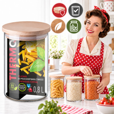 POJEMNIK SZKLANY z drewnianą POKRYWĄ 800ml szkło