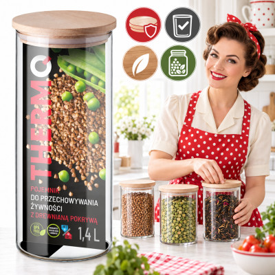 POJEMNIK SZKLANY z drewnianą POKRYWĄ 1400ml szkło