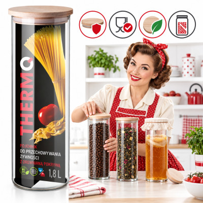 POJEMNIK SZKLANY z drewnianą POKRYWĄ do żywności 1800ml szkło