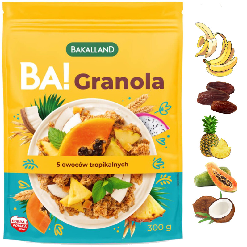 Bakalland BA! MUSLI PŁATKI ŚNIADANIOWE GRANOLA 5 OWOCÓW TROPIKALNYCH 300g