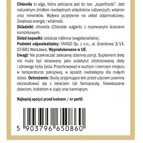 Yango CHLORELLA przerwane ściany komórkowe wsparcie ODPORNOŚĆ 90 kapsułek