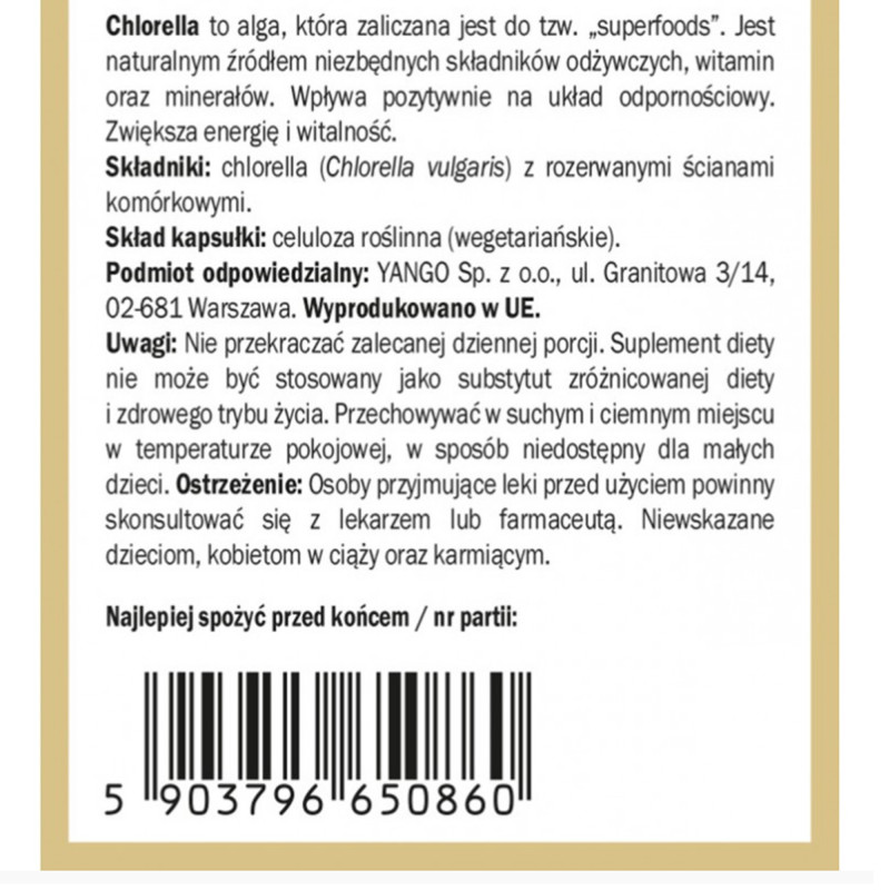 Yango CHLORELLA przerwane ściany komórkowe wsparcie ODPORNOŚĆ 90 kapsułek
