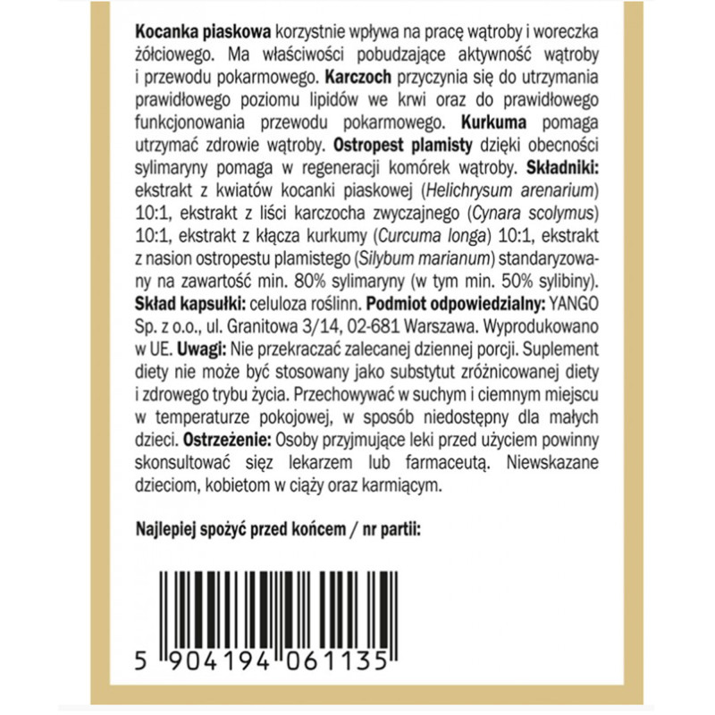 Yango KOCANKA PIASKOWA karczoch kurkumina wsparcie WĄTROBA 90 kapsułek