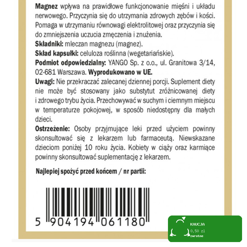 Yango MLECZAN MAGNEZU wsparcie ZMĘCZENIE BRAK ENERGII 90 kapsułek
